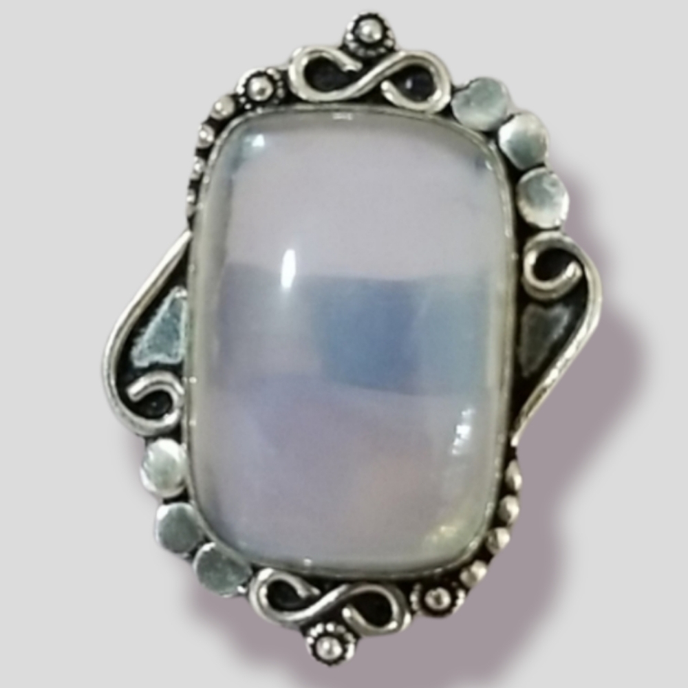 Hand Crafted Milky Opal .925 Sterling Silver Statement Ring SZ 8 3/4 - Picture 2 of 16